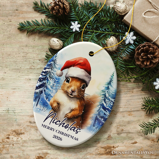 Squirrel with Santa Hat Personalized Ornament, Winter Forest Christmas Gift With Custom Name and Date