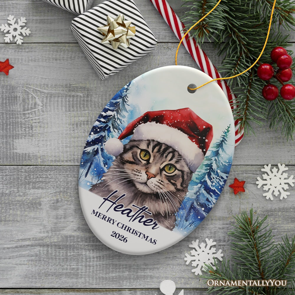 Tabby Cat with Santa Hat Personalized Ornament, Winter Forest Christmas Gift With Custom Name and Date