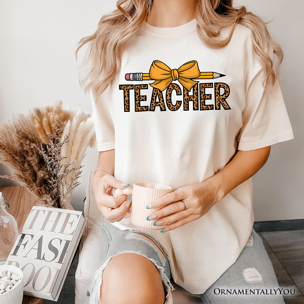Teacher Leopard Pencil T-Shirt, Coquette Bow Retro Classroom Tee for Educators