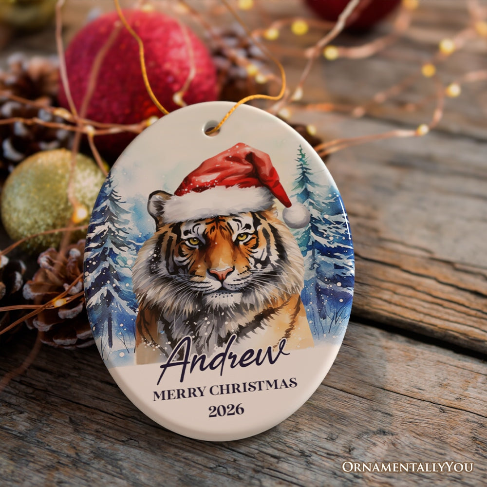 Tiger with Santa Hat Personalized Ornament, Winter Forest Christmas Gift With Custom Name and Date