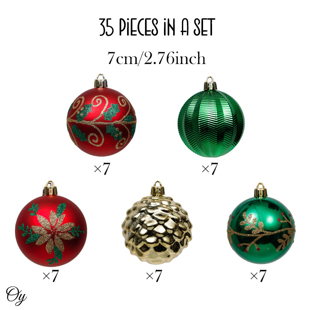 Uniquely Patterned Christmas Bauble Set, 35 Ornaments with Red, Green, and Gold