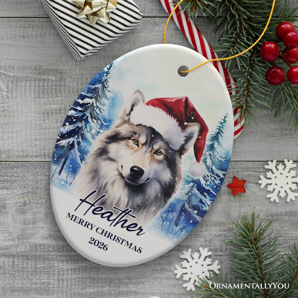 Wolf with Santa Hat Personalized Ornament, Winter Forest Christmas Gift With Custom Name and Date