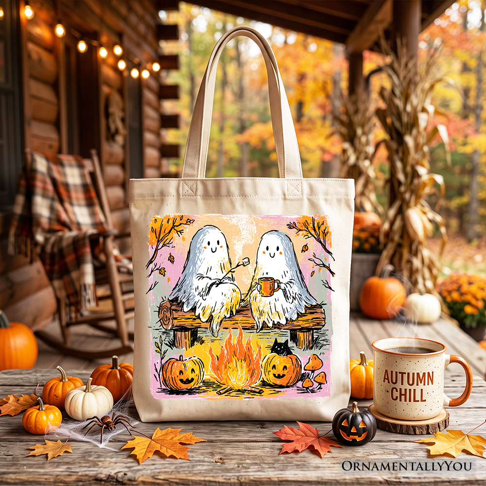 Cozy Campfire Ghosts Tote Bag, Fall Halloween Pumpkin Gift Shopper