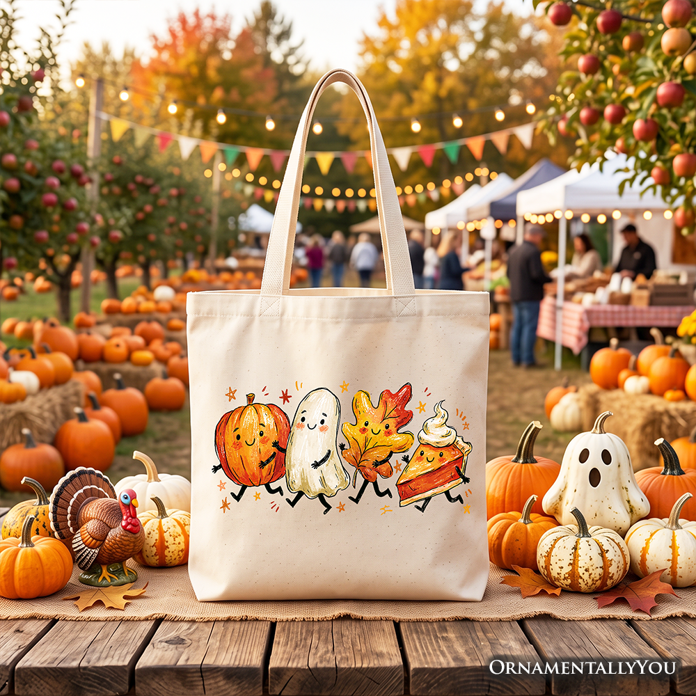 Cute Fall Characters Tote Bag, Pumpkin Ghost Leaf Pie Autumn Gift Shopper