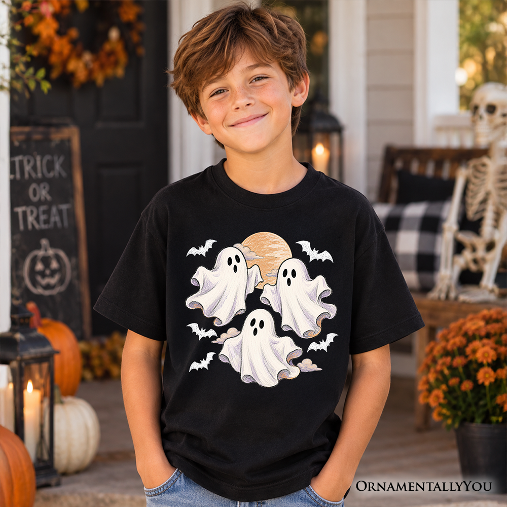 Vintage Ghost Kids T-Shirt, Spooky Halloween Full Moon Tee for Youth