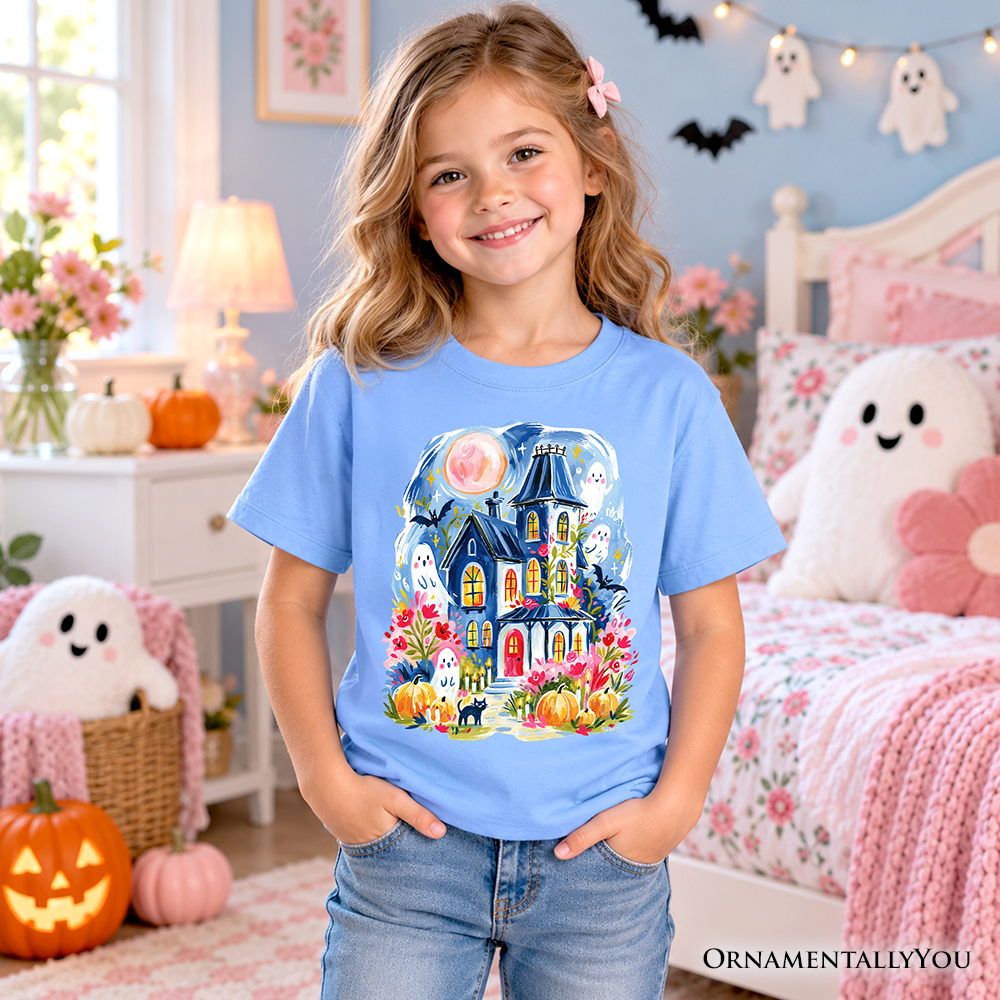 Kids Watercolor Haunted House T-Shirt, Colorful Ghost Pumpkin Halloween Youth Tee