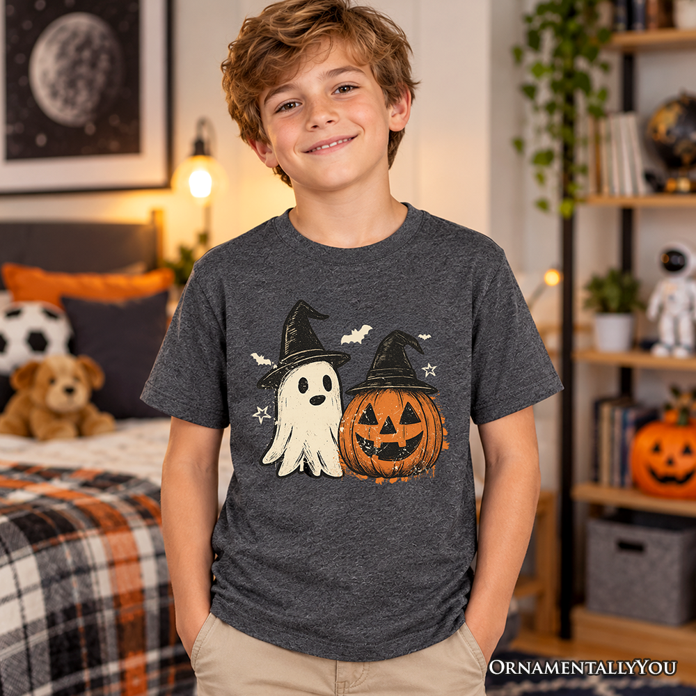 Kids Witch Hat Ghost and Pumpkin T-Shirt, Vintage Halloween Jack O’ Lantern Youth Tee