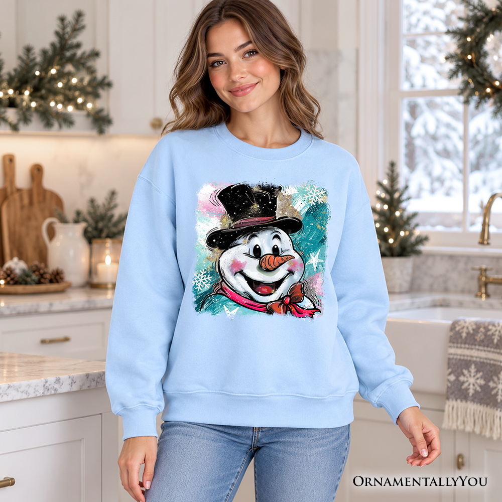 Brushstroke Cute Snowman Sweatshirt, Preppy Merry Christmas Glitter Holiday Sweater