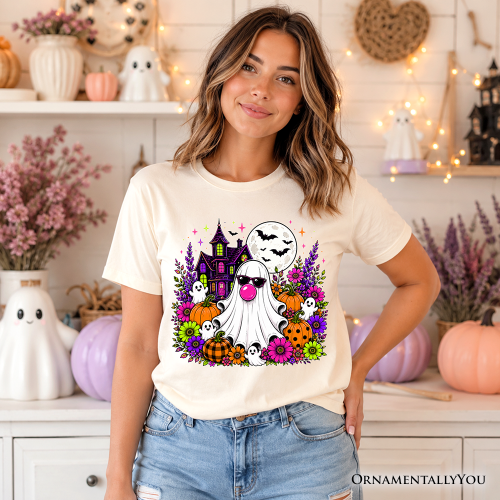 Bubblegum Ghost Haunted House T-Shirt, Colorful Floral Halloween Pumpkin Tee