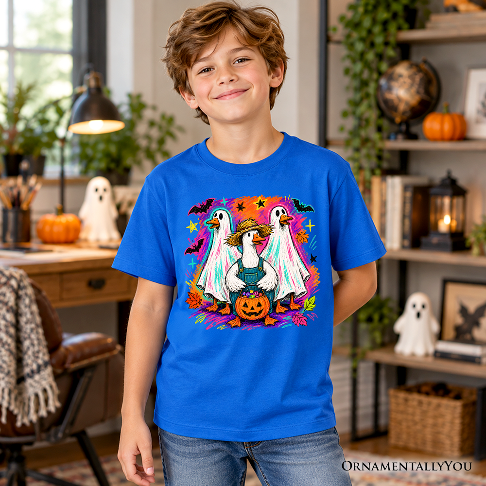 Kids Trick or Treat Geese T-Shirt, Colorful Halloween Ghost Costume Youth Tee