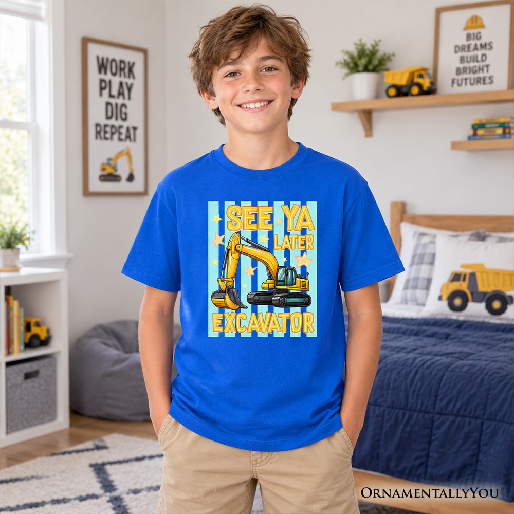 See Ya Later Excavator Kids T-Shirt, Retro Construction Vehicle Tee for Youth Boys