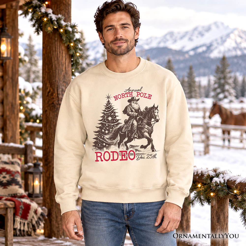 Annual North Pole Rodeo Sweatshirt, Funny Cowboy Santa Christmas Sweater for Country Lovers