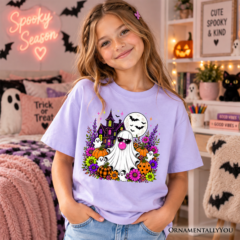 Kids Bubblegum Ghost Haunted House T-Shirt, Colorful Floral Halloween Pumpkin Youth Tee