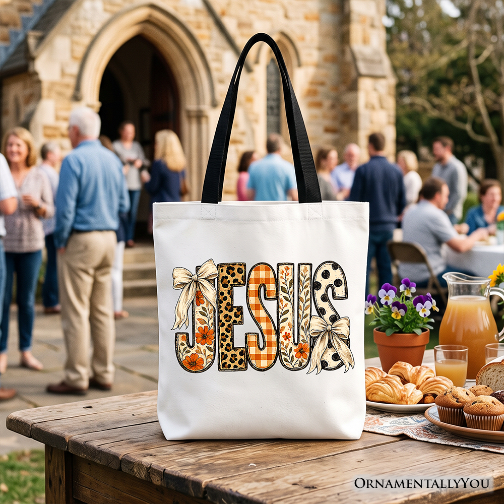 Jesus Coquette Fall Tote Bag, Leopard Plaid Floral Christian Faith Gift Shopper