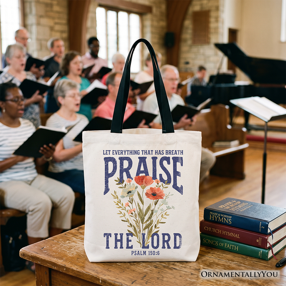 Praise the Lord Floral Christian Tote Bag, Psalm 150:6 Religious Faith Gift Shopper