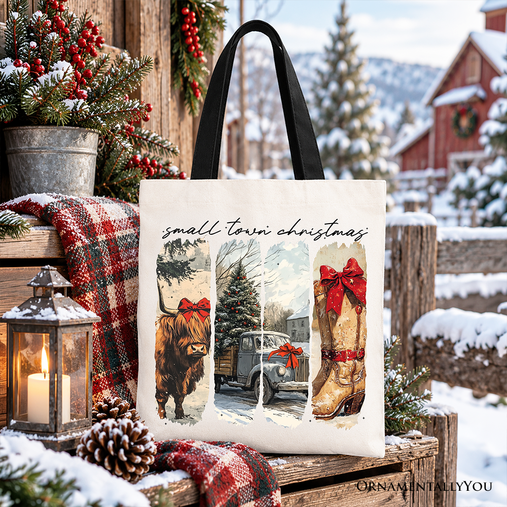 Small Town Christmas Tote Bag, Highland Cow Rustic Western Cowgirl Holiday Gift Shopper