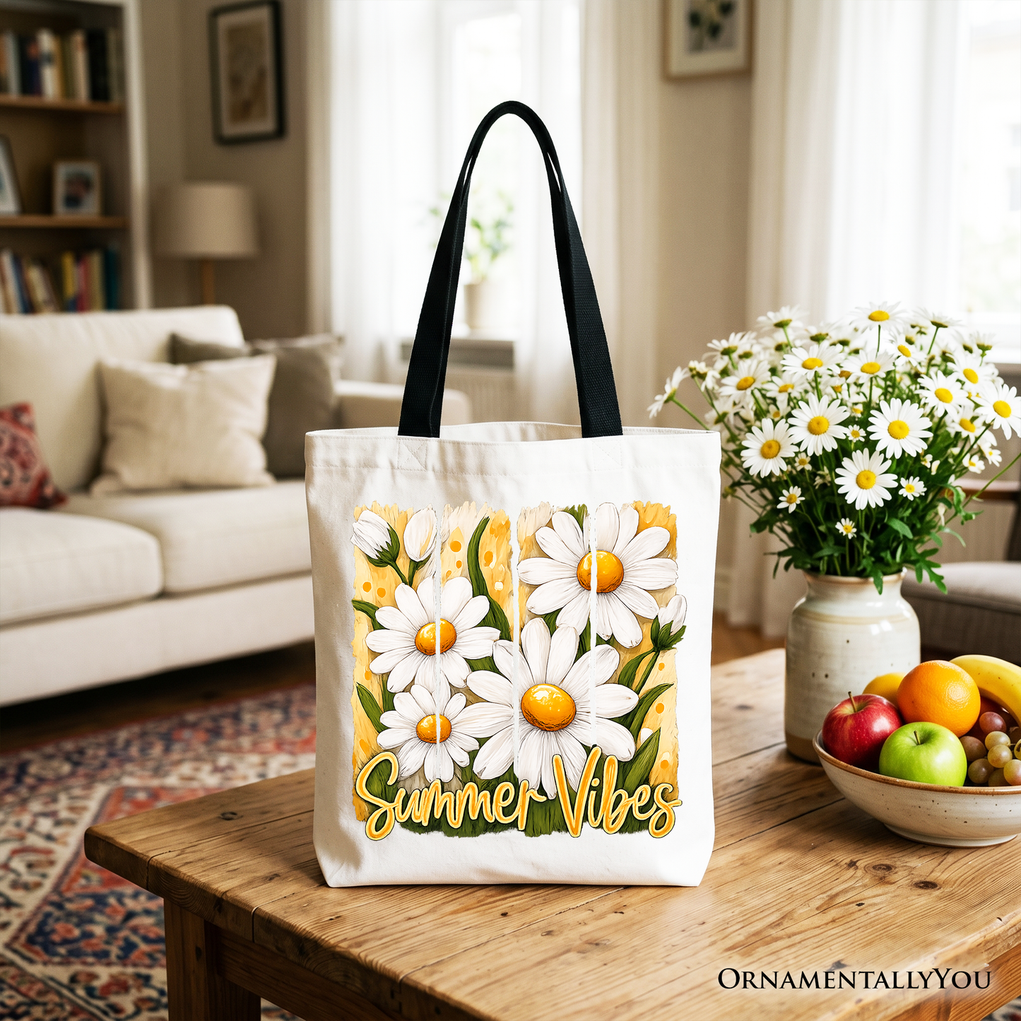 Summer Vibes Daisy Brushstroke Flowers Tote Bag, Aesthetic Gift Shopper