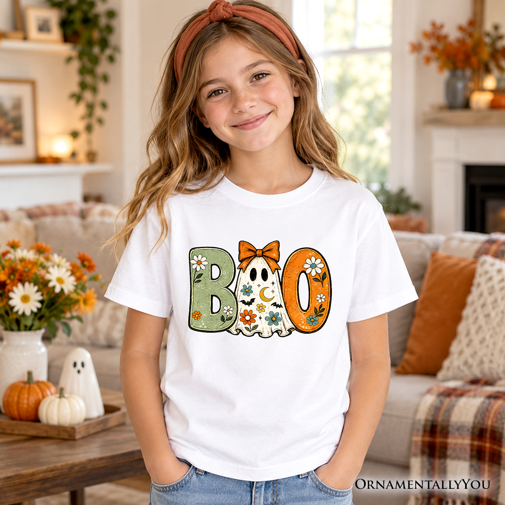 Boo Floral Ghost Kids T-Shirt, Coquette Bow Halloween Tee for Youth Girls