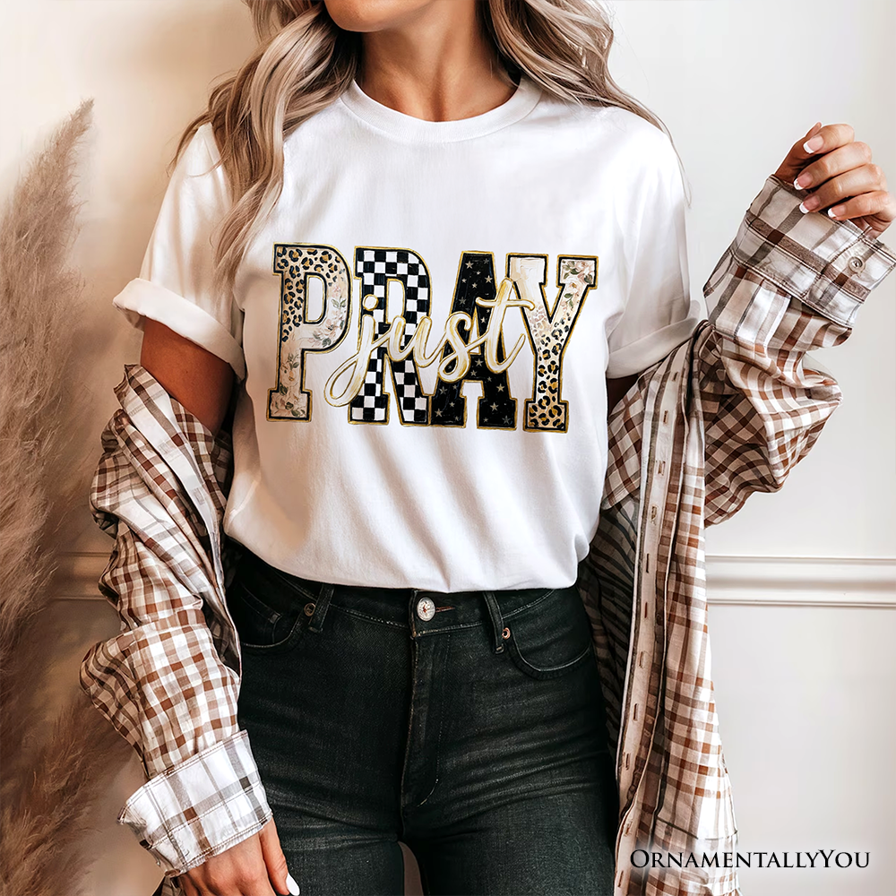 Just Pray Christian Varsity T-Shirt, Retro Leopard Checkered Faith Tee