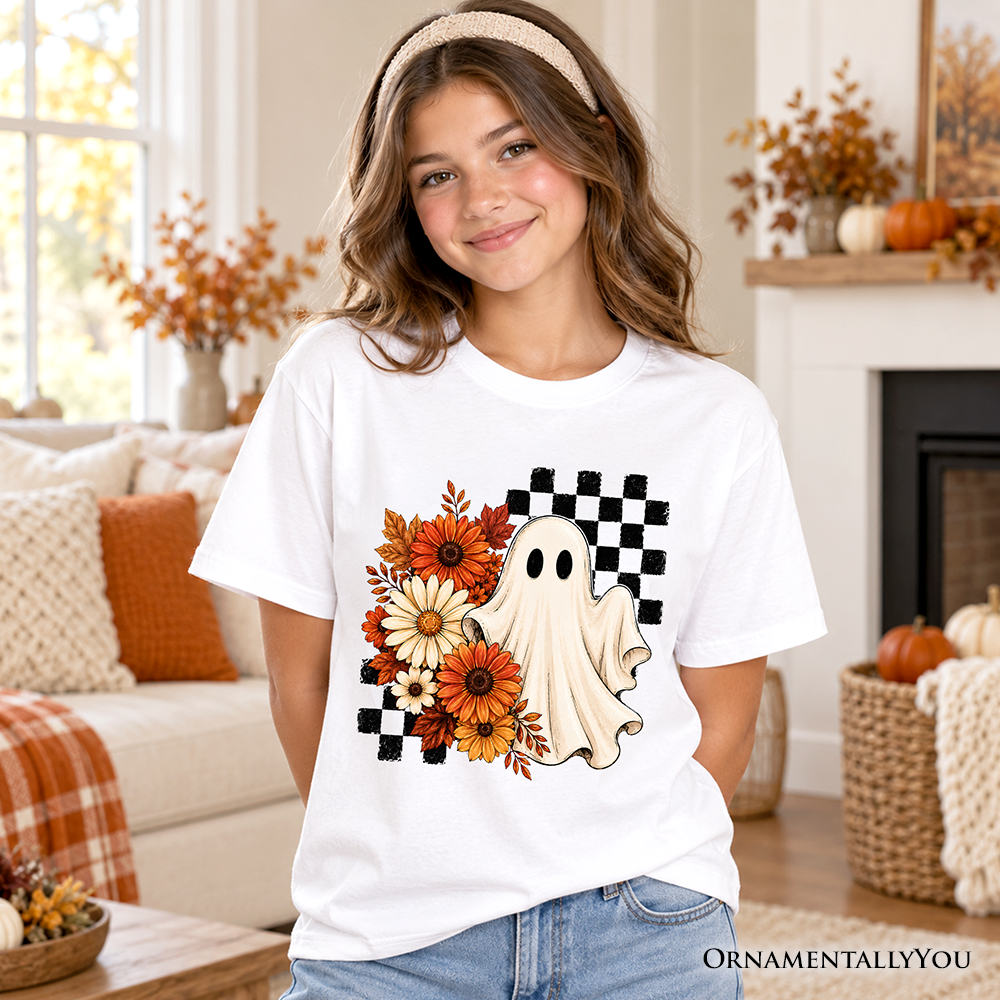 Kids Checkered Floral Ghost T-Shirt, Vintage Fall Halloween Daisy Youth Tee