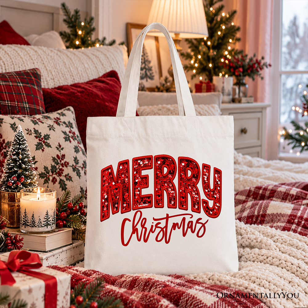 Merry Christmas Sequin Tote Bag, Bold Red Glitter Gift Shopper for Festive Holiday Season