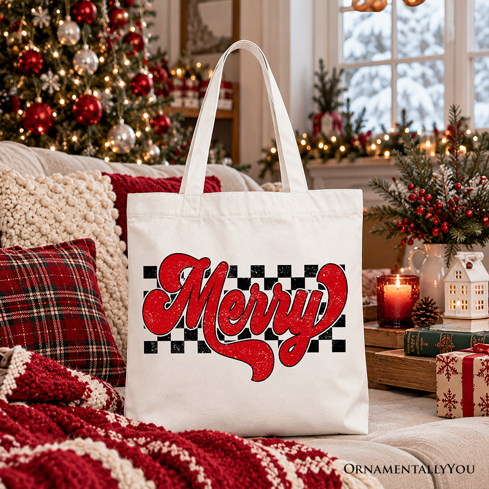 Merry Retro Tote Bag, Christmas Checkered Gift Shopper