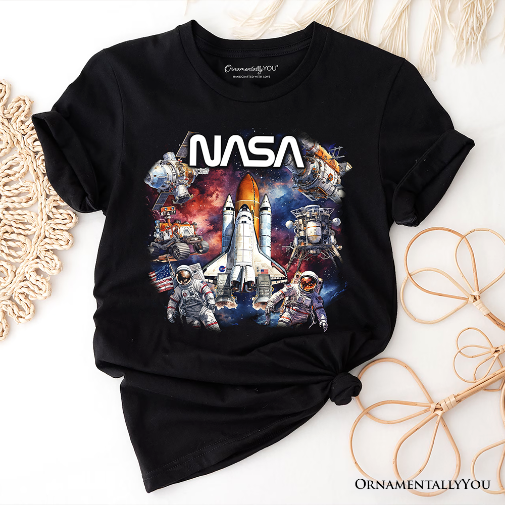 Artistic NASA Handcrafted Christmas T-Shirt, Astronaut in Outer Space with the Planets Tee