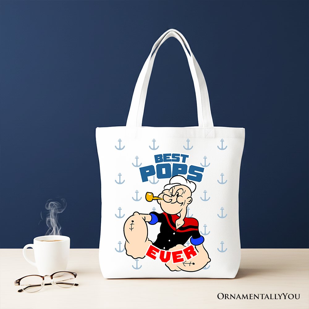 Best Pops Ever Canvas Tote Bag, Classic Popeye the Sailorman Dad Gift Bag for Fun and Strong Dads