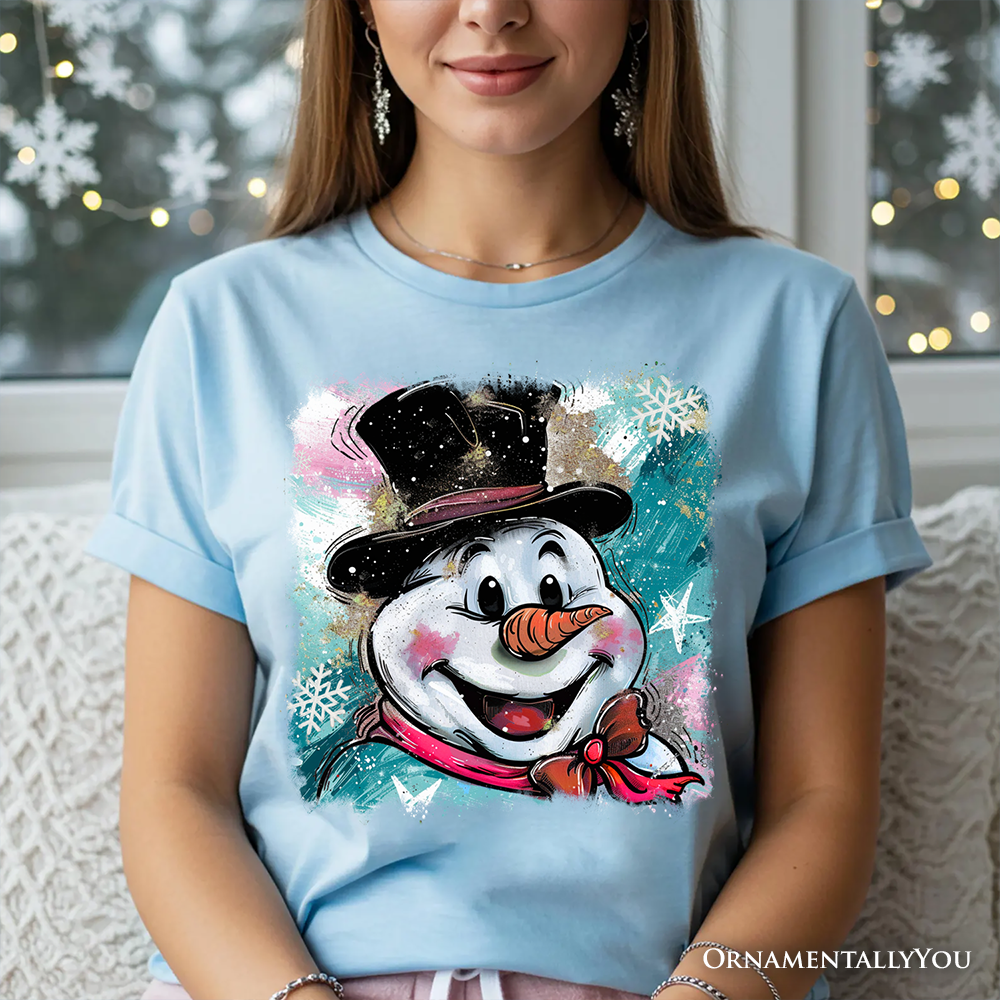 Brushstroke Cute Snowman T-Shirt, Preppy Merry Christmas Glitter Holiday Tee