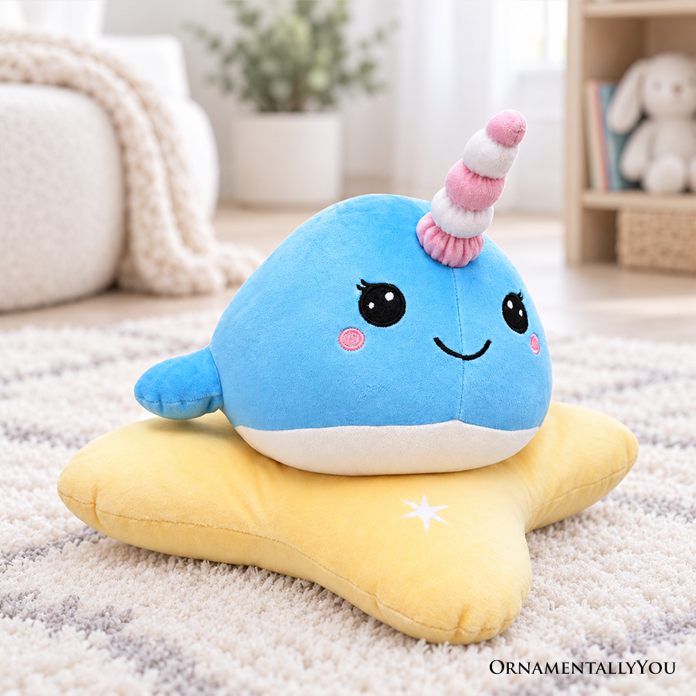 Celeste the Narwhal Plushie, Cute 17" Sea Unicorn Stuffed Animal on Star Pillow for Kids’ Gifts