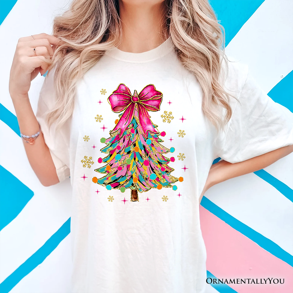 Colorful Glitter Christmas Tree Pink Bow T-Shirt, Pink Bow Coquette Holiday Tee