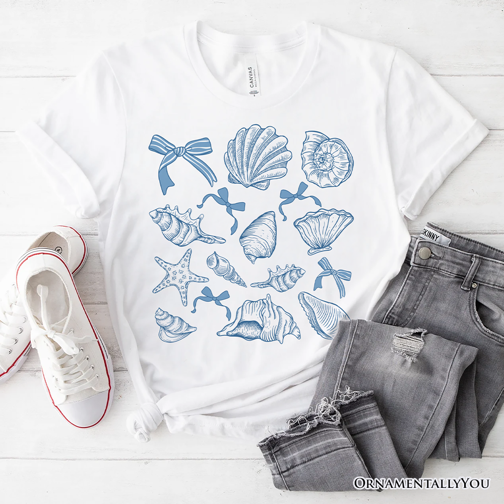 Coquette Seashell Summer Vibe T-Shirt, Natural and White Retro Beach Tee Gift for Ocean Lover