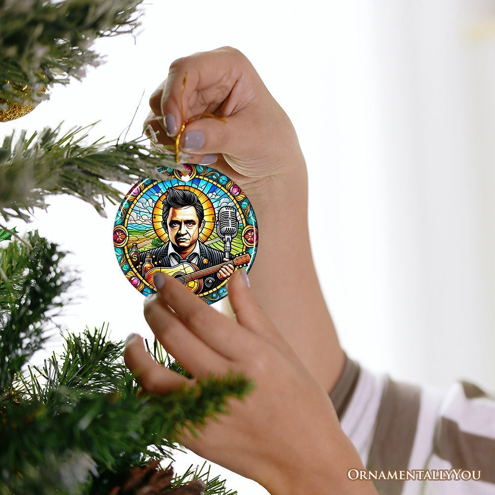 Country Rockin Stained Glass Ceramic Christmas Ornament, Vintage Pop Art and Johnny Cash