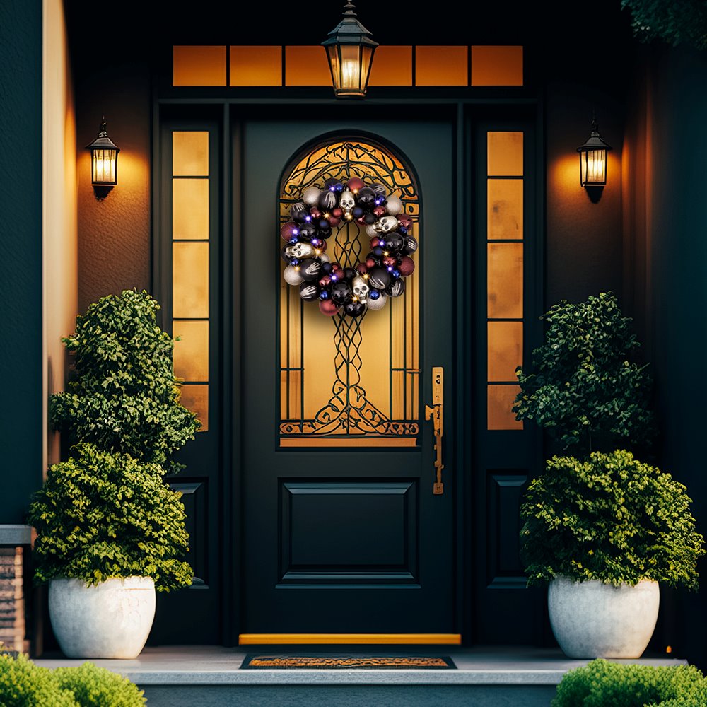 Creep and Glitter Spooky Wreath with Skeleton Skull Baubles, Black, Maroon and Gold Colors with Shiny Glitter