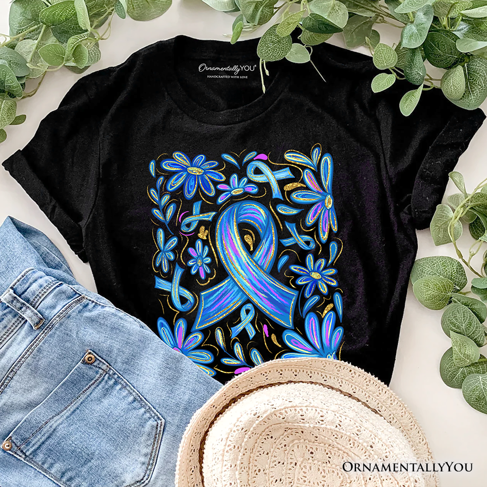 Diabetes Blue Ribbon Floral T-Shirt, Awareness Support Tee