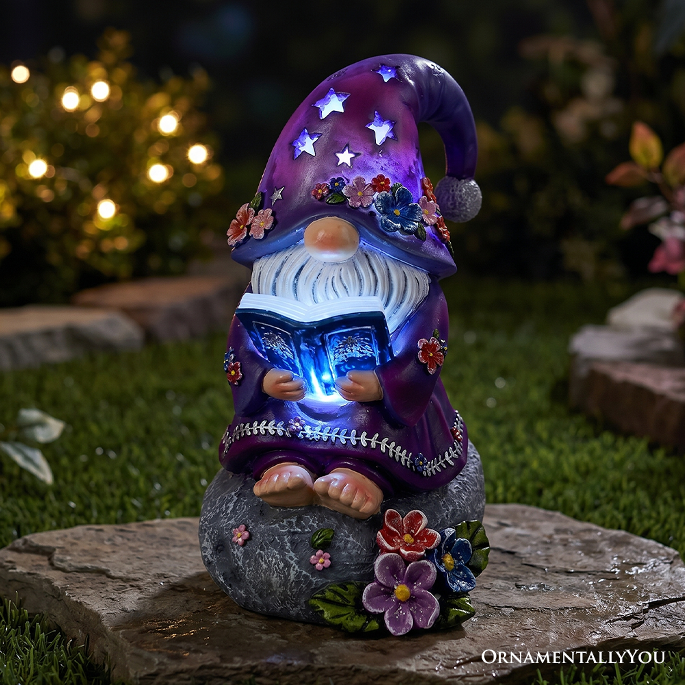Enchanted Wisdom Solar Book Reader Gnome Figurine, 8" Lighted Lavender Purple Garden Statue