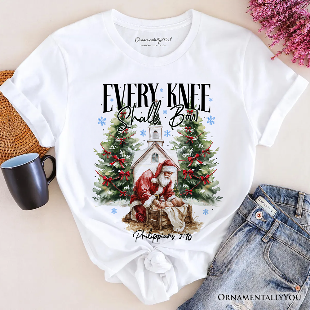 Every Knee Shall Bow Nativity Santa T-Shirt, Jesus Philippians 2:10 Christian Christmas Tee