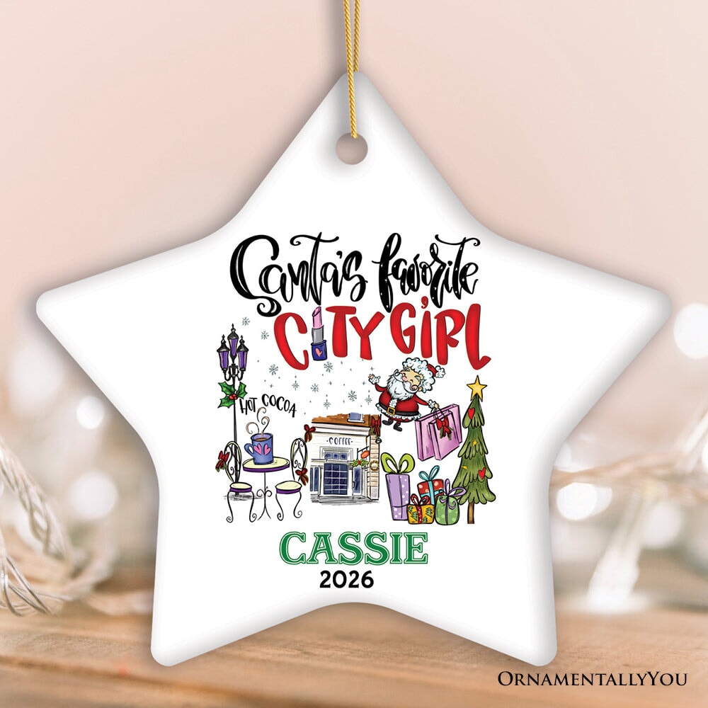 Fashion Santa's Favorite City Girl Personalized Christmas Ornament, Adventurous Urban Lifestyle Custom Gift