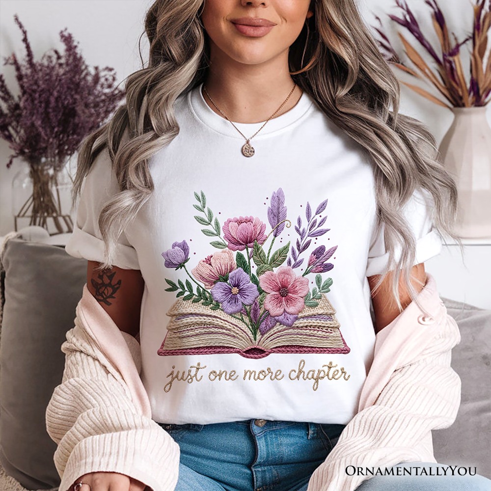 Floral Book Printed Faux Yarn Crochet T-Shirt, Just One More Chapter Bookworm Tee