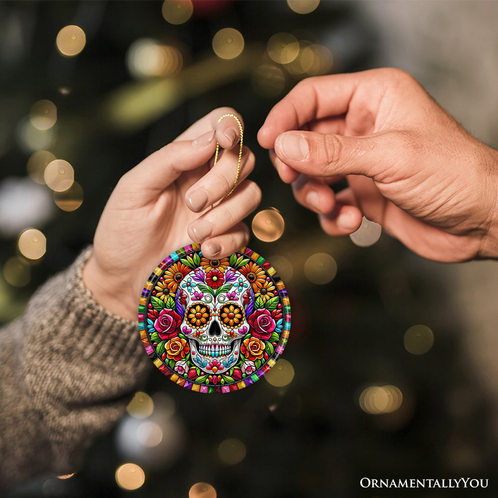 Floral Celebration Sugar Skull Stained Glass Style Ornament, Lush Blossom Christmas Gift and Decor