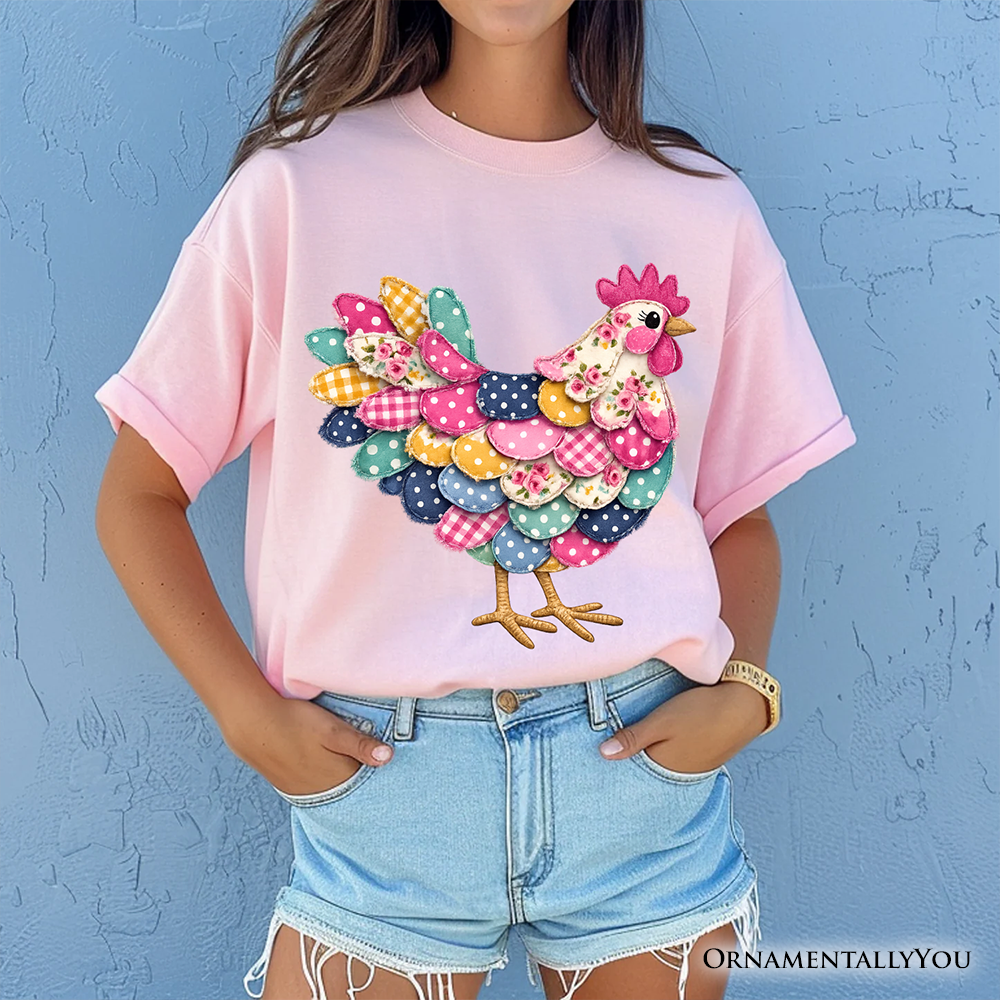 Floral Chicken Printed Faux Patchwork T-Shirt, Coquette Hen Farmhouse Tee