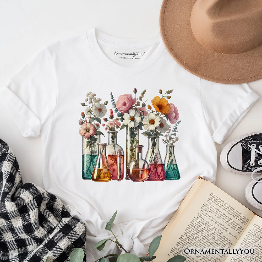 Floral Science Lab Beakers T-Shirt, Flowers Chemistry Scientist Tee