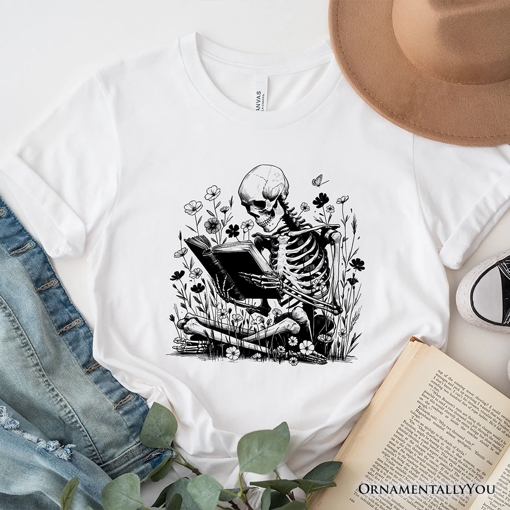 Gothic Reading Skeleton T-Shirt, Floral Halloween Tee for Spooky Bookworms