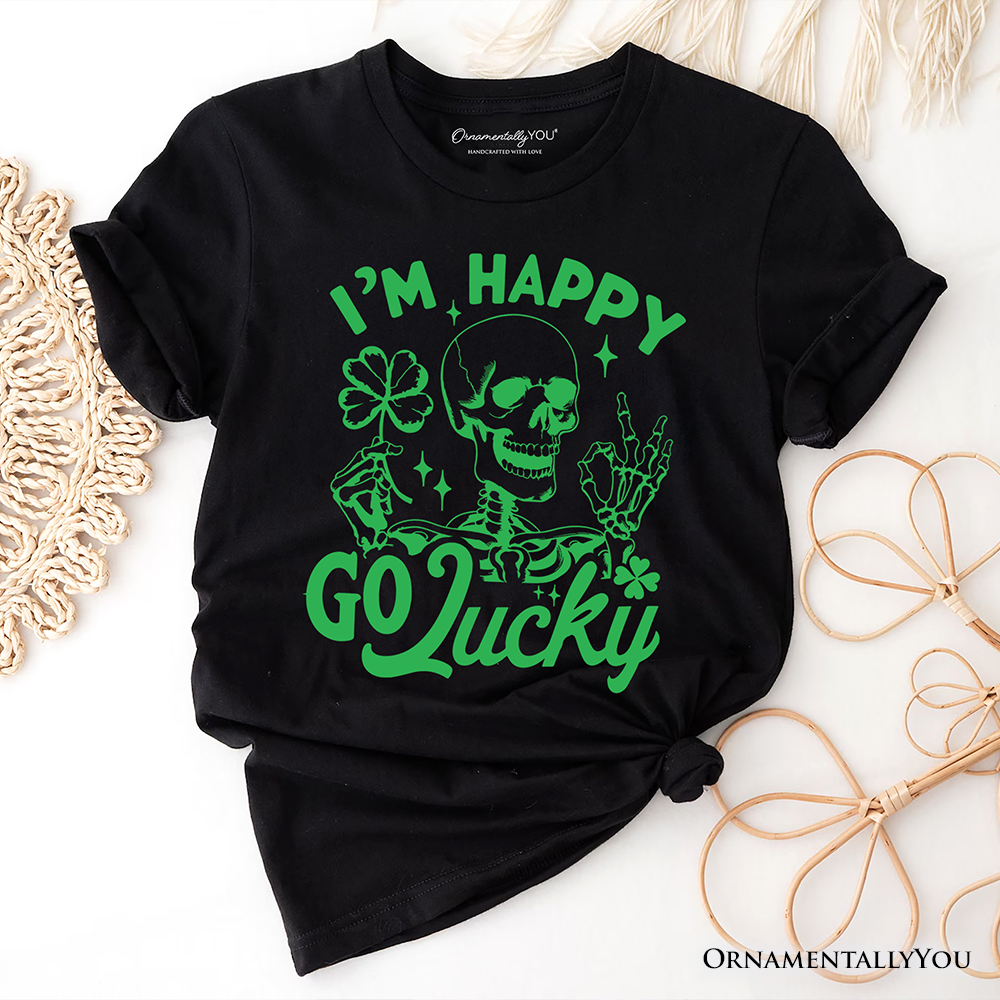 Happy Go Lucky Clover Skeleton St Patrick’s Day T-Shirt, Green Shamrock Vintage Tee