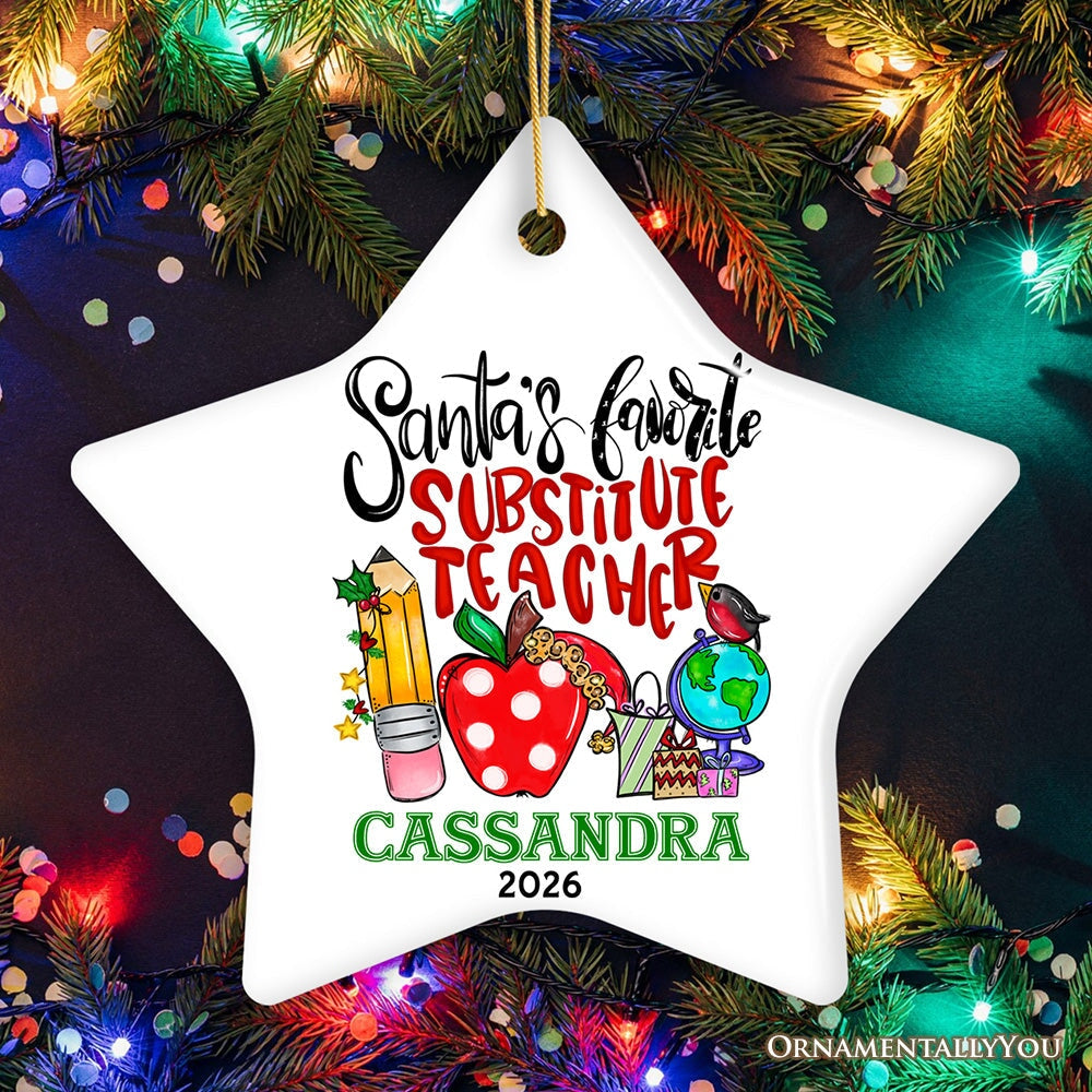 Heartfelt Santa's Favorite Substitute Teacher Personalized Christmas Ornament, School Professor Appreciation Custom Gift