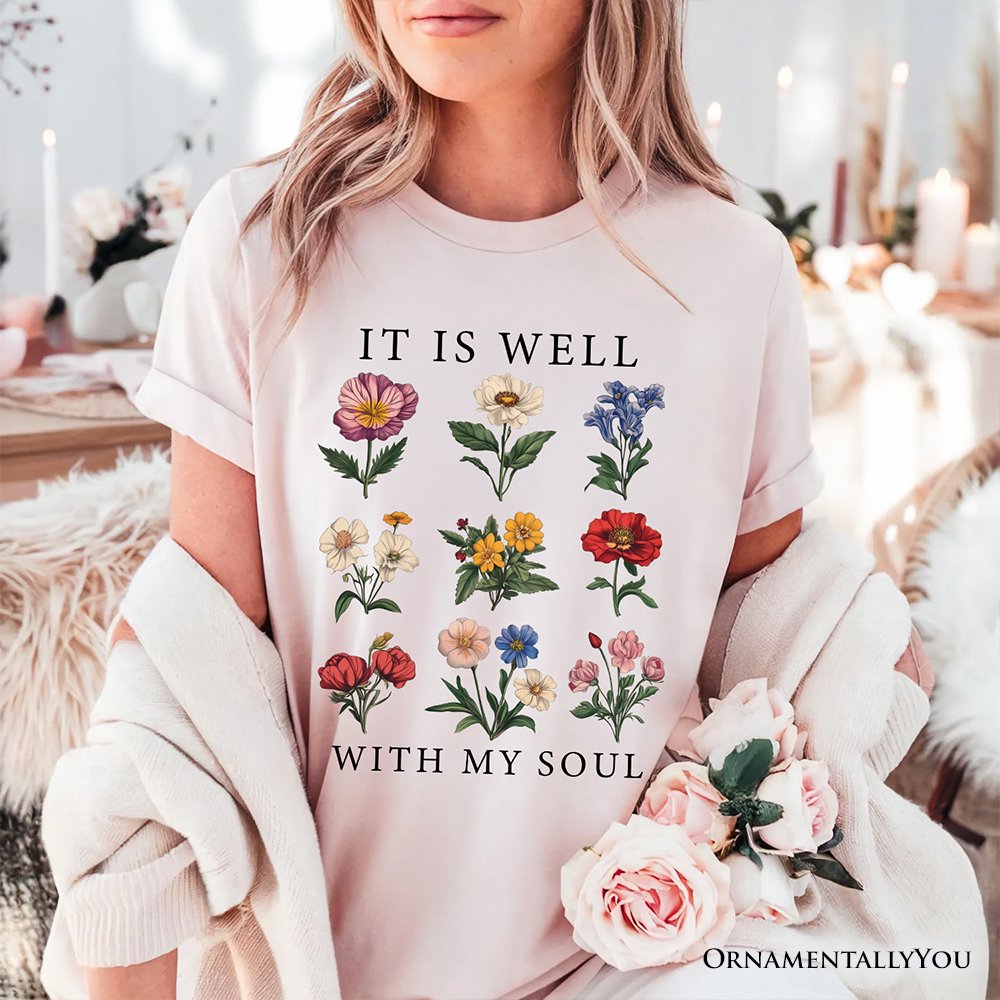 It Is Well With My Soul Christian Floral T-Shirt, Vintage Bible Verse Light Tee