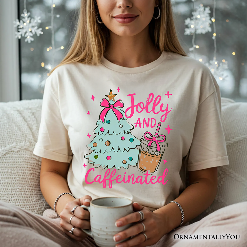 Jolly and Caffeinated Christmas Tree T-Shirt, Retro Coquette Coffee Holiday Tee