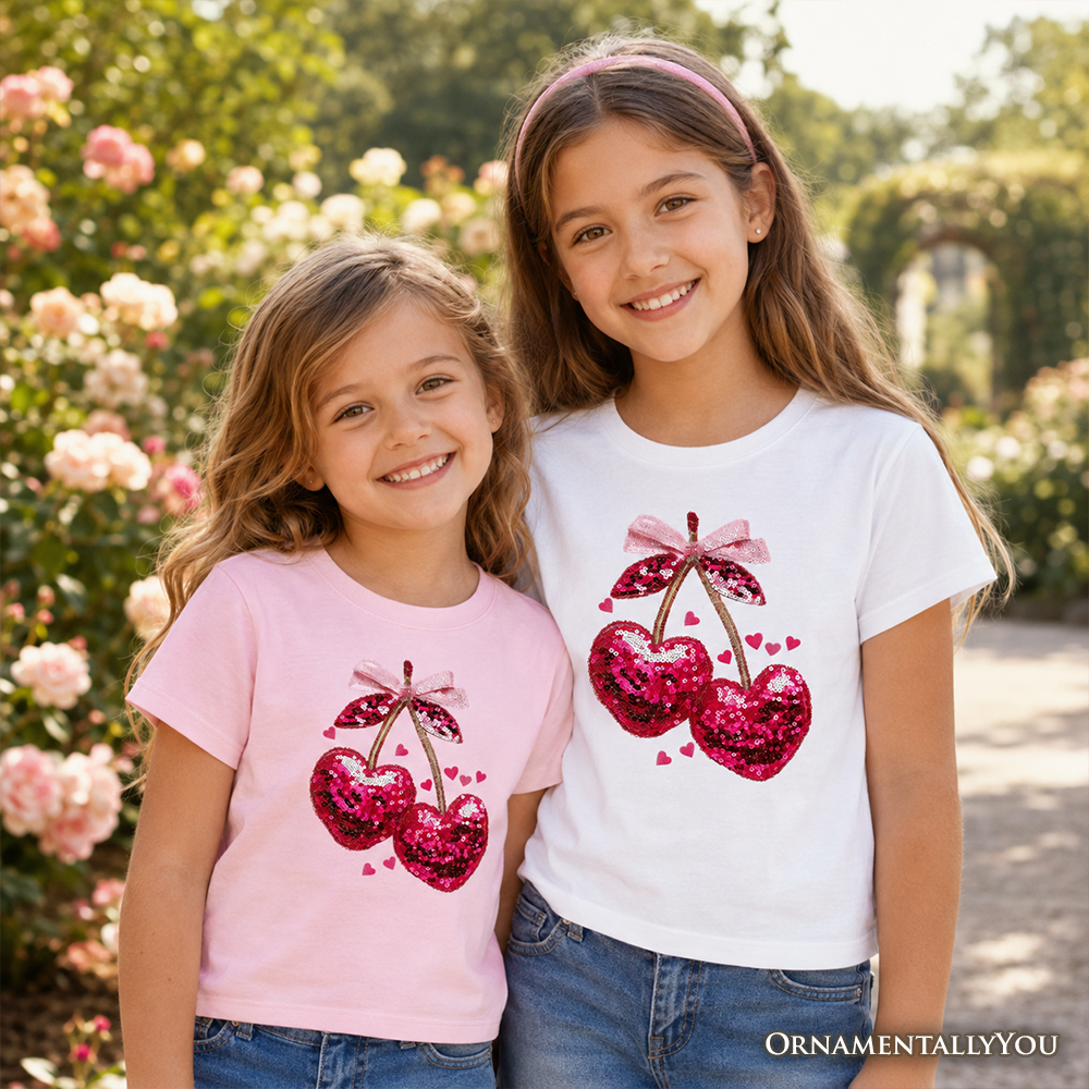 Kids Sequin Pink Cherry Heart Valentine T-Shirt, Mood for Love Coquette Tee for Youth Girls