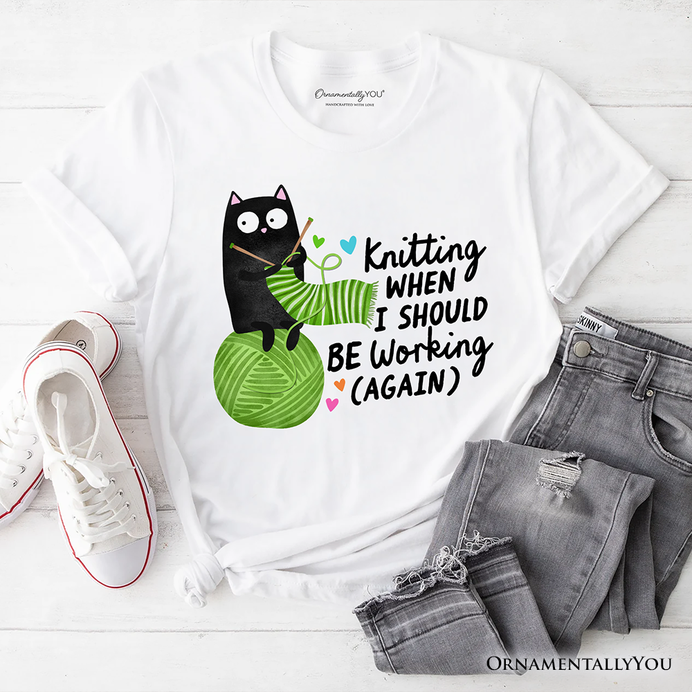 Knitting Black Cat Cute T-Shirt, Funny Working Crafter Phrase Tee