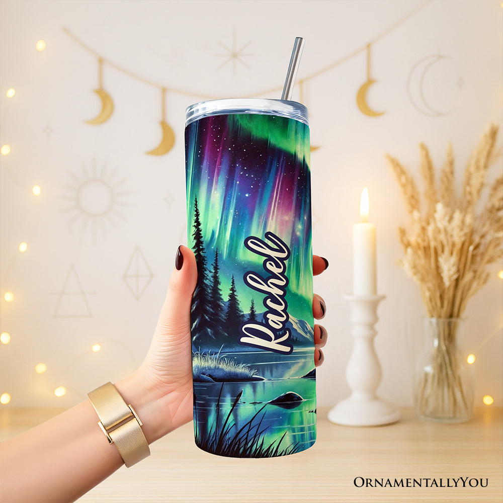 Majestic Moose Under Northern Lights 20oz Personalized Tumbler With Lid and Stainless Steel Straw